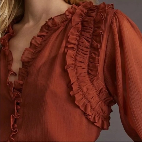 Anthropologie Forever that Girl Fall Harvest Ruffled Rust Red long sleeve Blouse - Picture 2 of 9